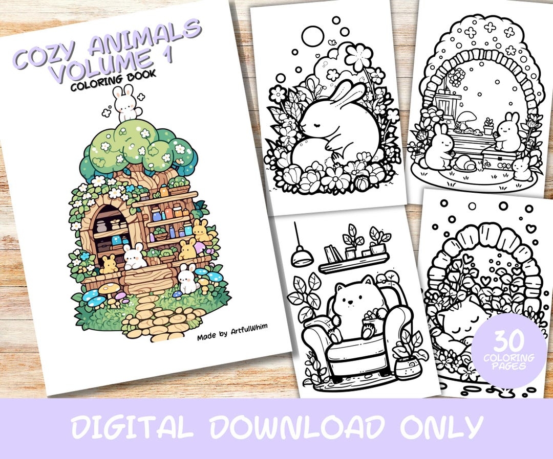 30 Cozy Animals Volume 1 Coloring Pages Book Kids Adults Instant Download Grayscale Coloring Page Printable PDF Cute Kawaii Digital Etsy