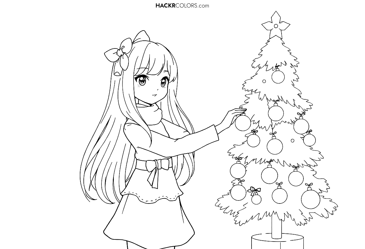 Anime Girl s Holiday Tree Decorating Free Unique Printable Coloring Pages For Kids