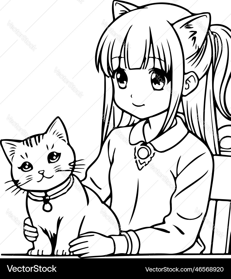 Anime Girl With Kitten Coloring Page Royalty Free Vector