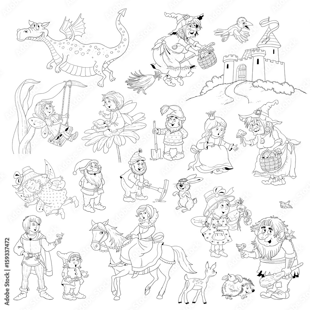 Big Collection Of Fairy Tale Characters Fairy Tale Coloring Book Coloring Page Cute And Funny Cartoon Characters Stock Illustration Adobe Stock