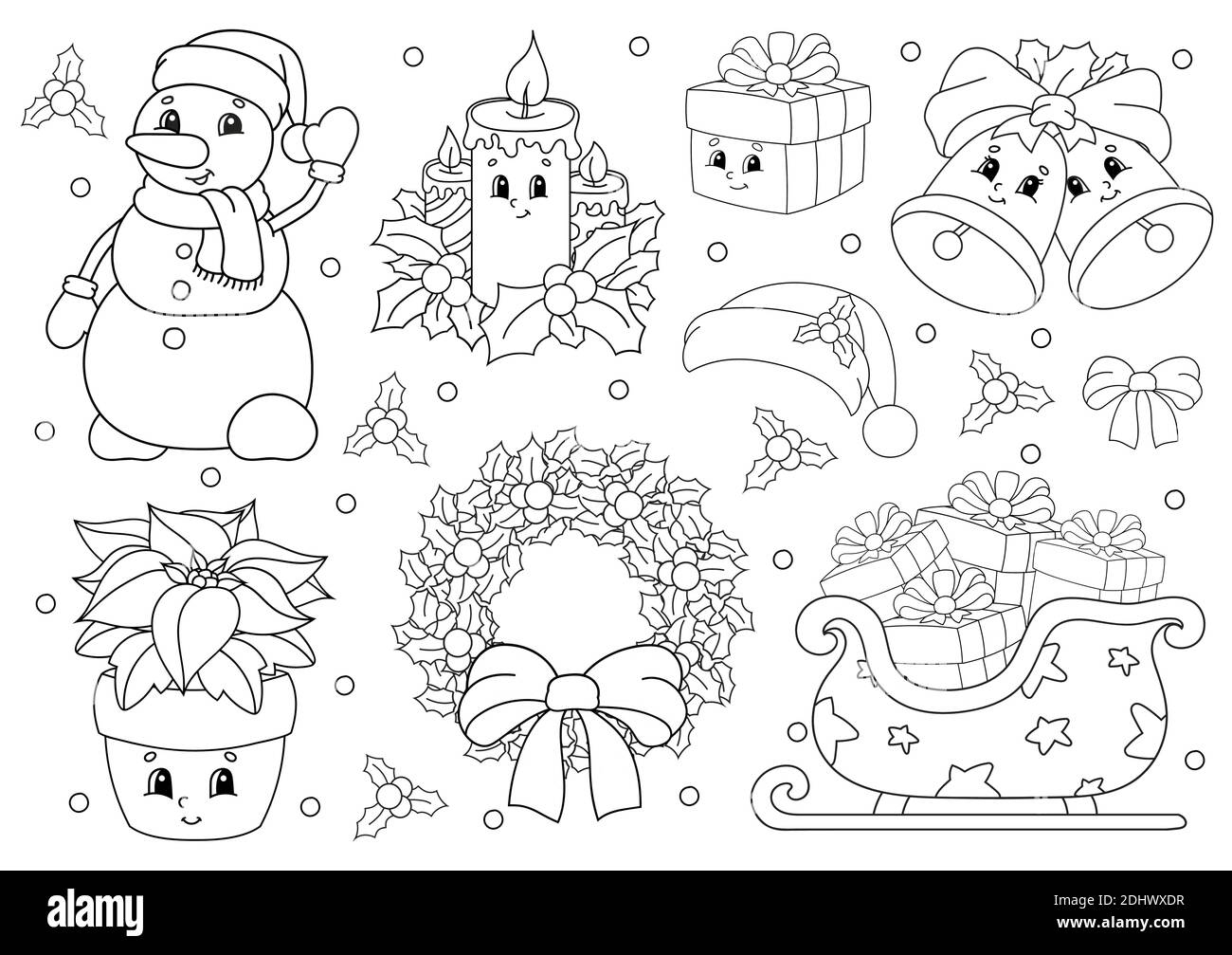 Coloring Book For Kids Merry Christmas Theme Cheerful Characters Vector Illustration Cute Cartoon Style Black Contour Silhouette Isolated On Whi Stock Vector Image Art Alamy