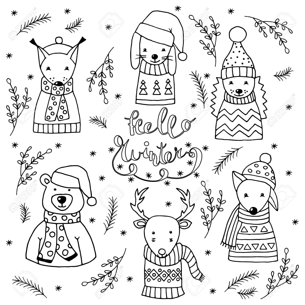 Coloring Page With Winter Set Of Cute Christmas Animals In Scandinavian Style And Santa Hats Royalty Free SVG Cliparts Vectors And Stock Illustration Image 136665301 Coloring Page With Winter Set Of Cute Christmas Animals In Scandinavian Style And Santa Hats Royalty Free SVG Cliparts Vectors And Stock Illustration Image 136665301