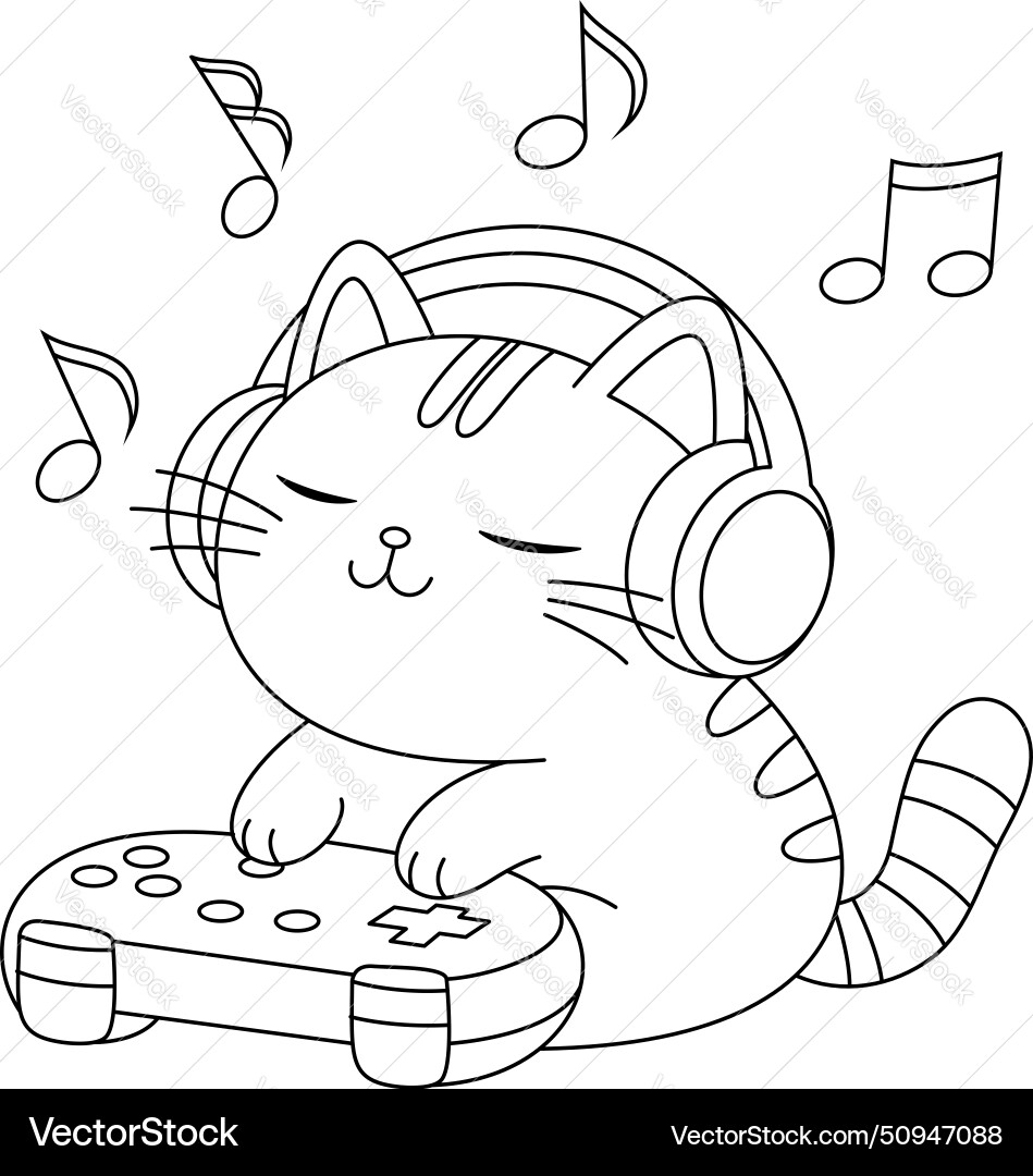 Cute Cat Is Listening Music Coloring Page Cartoon Vector Image