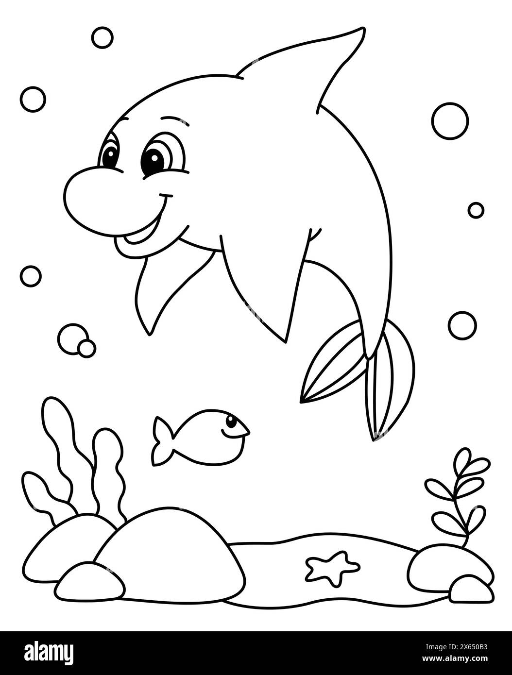 Cute Dolphin Coloring Page Ocean Animals Coloring Book For Kids Under The Sea Vector Illustration Underwater Cartoon Stock Vector Image Art Alamy