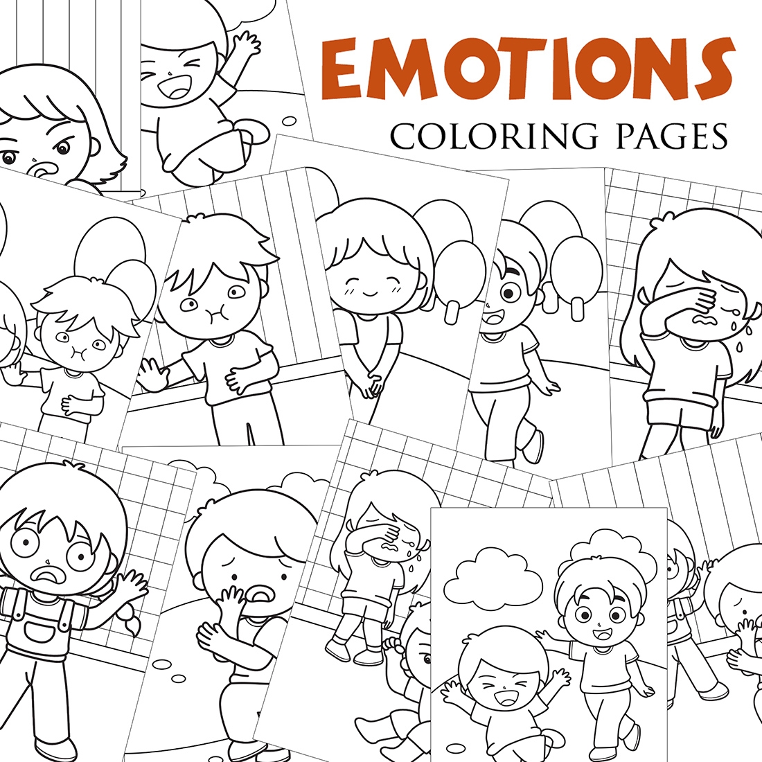Cute Kids People Girl Boy Emotions Expressions Face Emotional Character Education Feeling Happy Angry Sad Crying Upset Smile Cartoon Coloring Activity Pages For Kids And Adult MasterBundles
