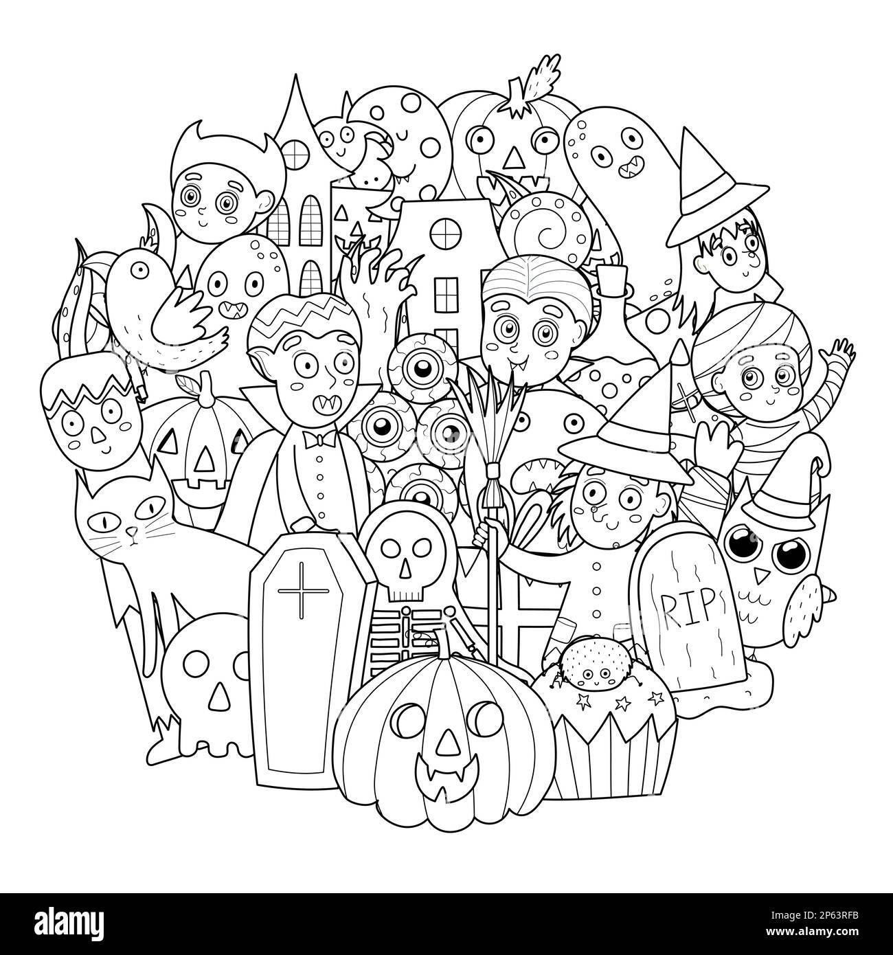 Doodle Halloween Characters Coloring Page Spooky Circle Shape Print Halloween Black And White Mandala Stock Vector Image Art Alamy