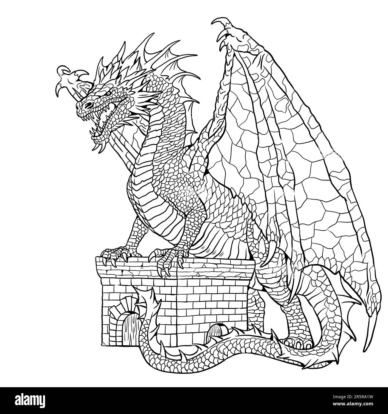 Dragon Coloring Page Fantasy Illustration With Mythical Creature Dragon Drawing Coloring Sheet Stock Photo Alamy