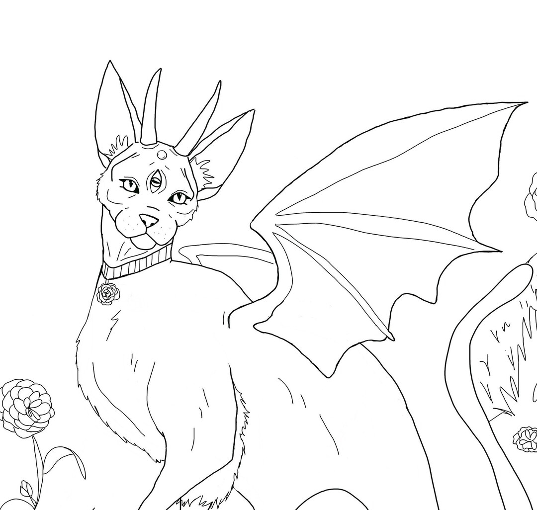 Fantasy Three Eyed Dragon Cat Downloadable Coloring Page Etsy