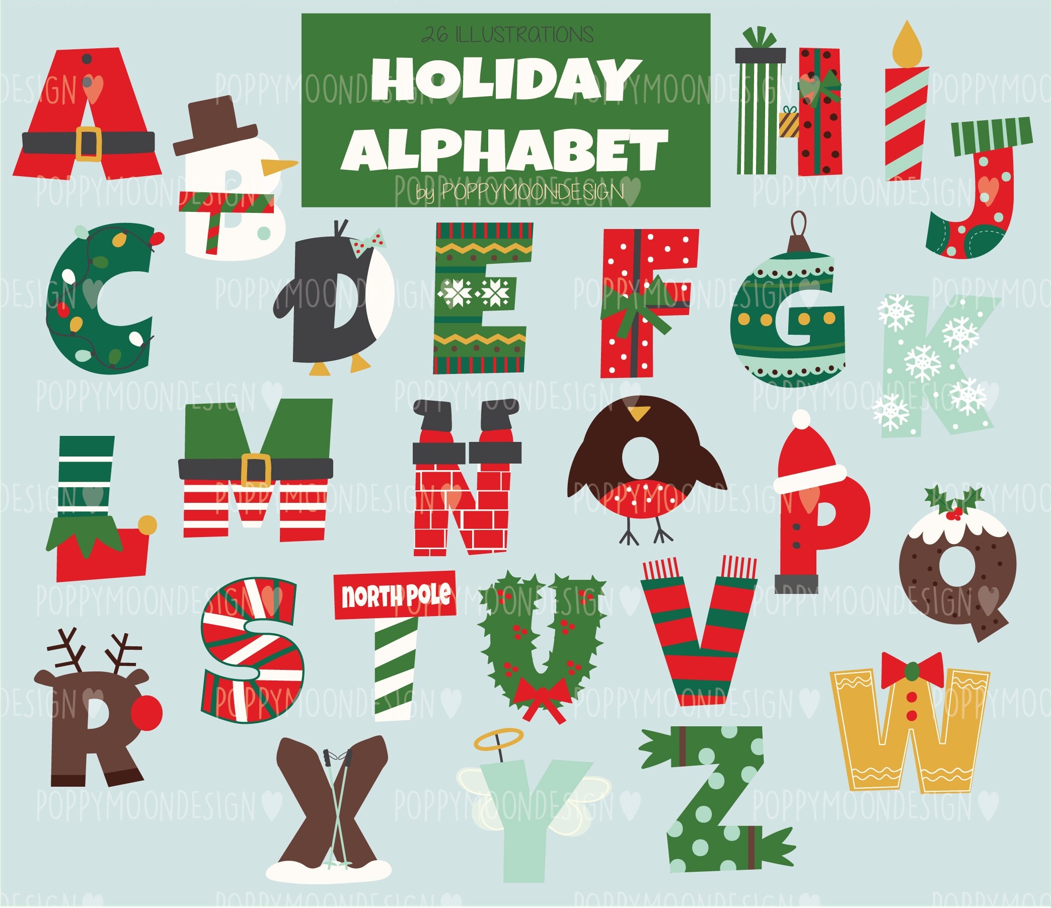 Holiday Alphabet Festive Letters Digital Printable Clipart Etsy