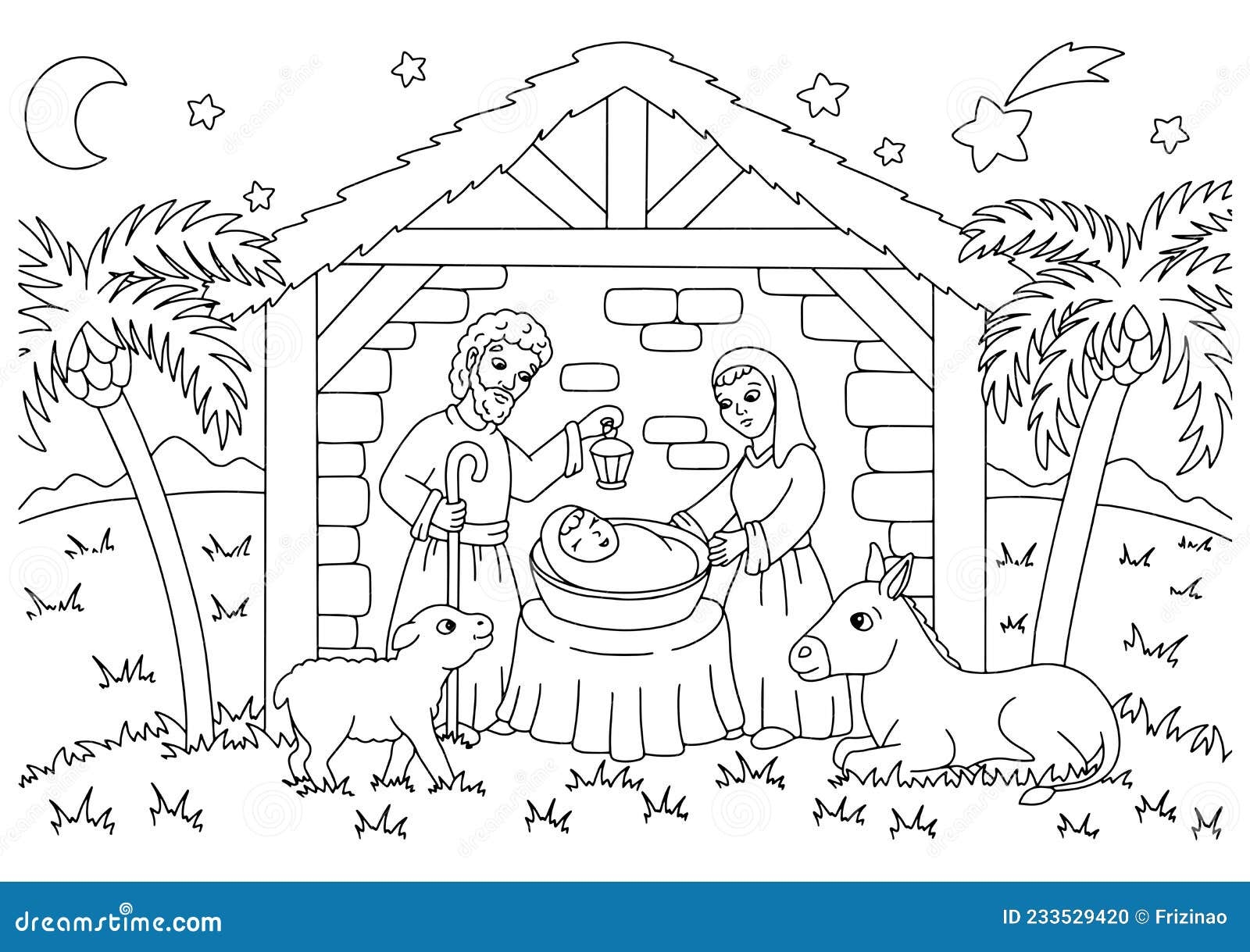 Nativity Scene Coloring Book Page For Kids Cartoon Style Character Stock Vector Illustration Of Sketch Isolated 233529420