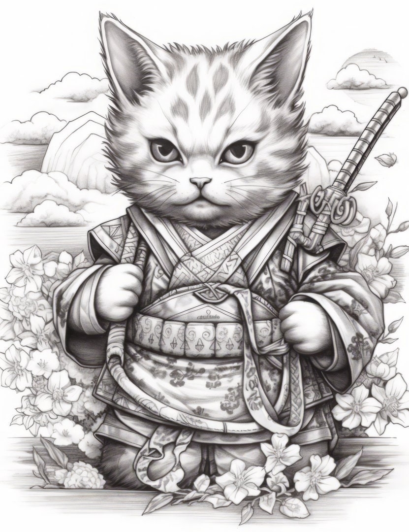 Samurai Cats Premium Coloring Page Printable Samurai Cat Adult Fantasy Colouring Pages Book Instant Download Grayscale Illustration Etsy