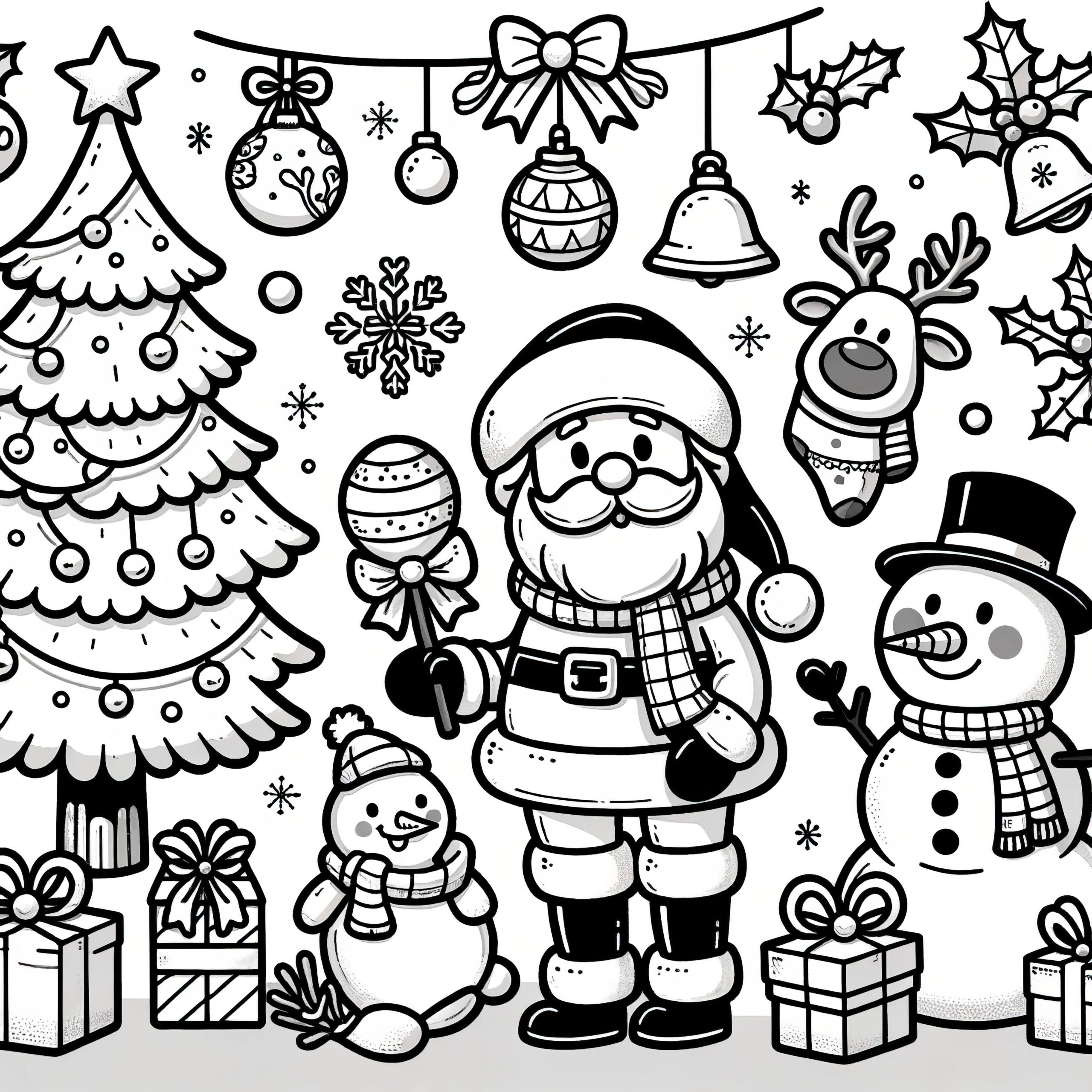 Santa Claus Snowman Christmas Tree Easy Coloring Picture