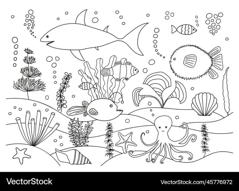Underwater Sea Animal Coloring Page Royalty Free Vector