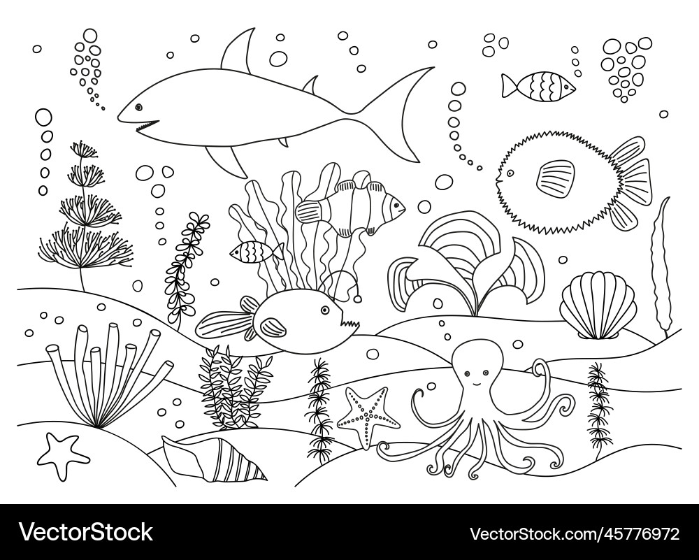 Underwater Sea Animal Coloring Page Royalty Free Vector
