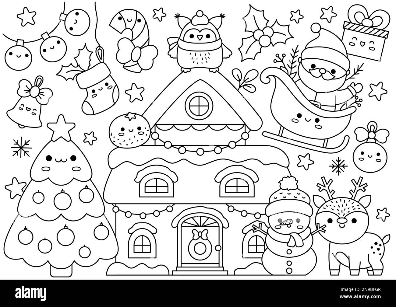 Vector Christmas Horizontal Line Coloring Page For Kids With Cute Kawaii Characters Black And White Winter Holiday Illustration With House Snowman Stock Vector Image Art Alamy