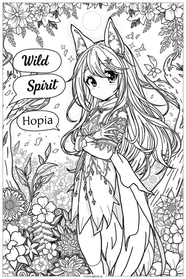 Wolf Anime Girl Coloring Page Free PDF PNG Printable 