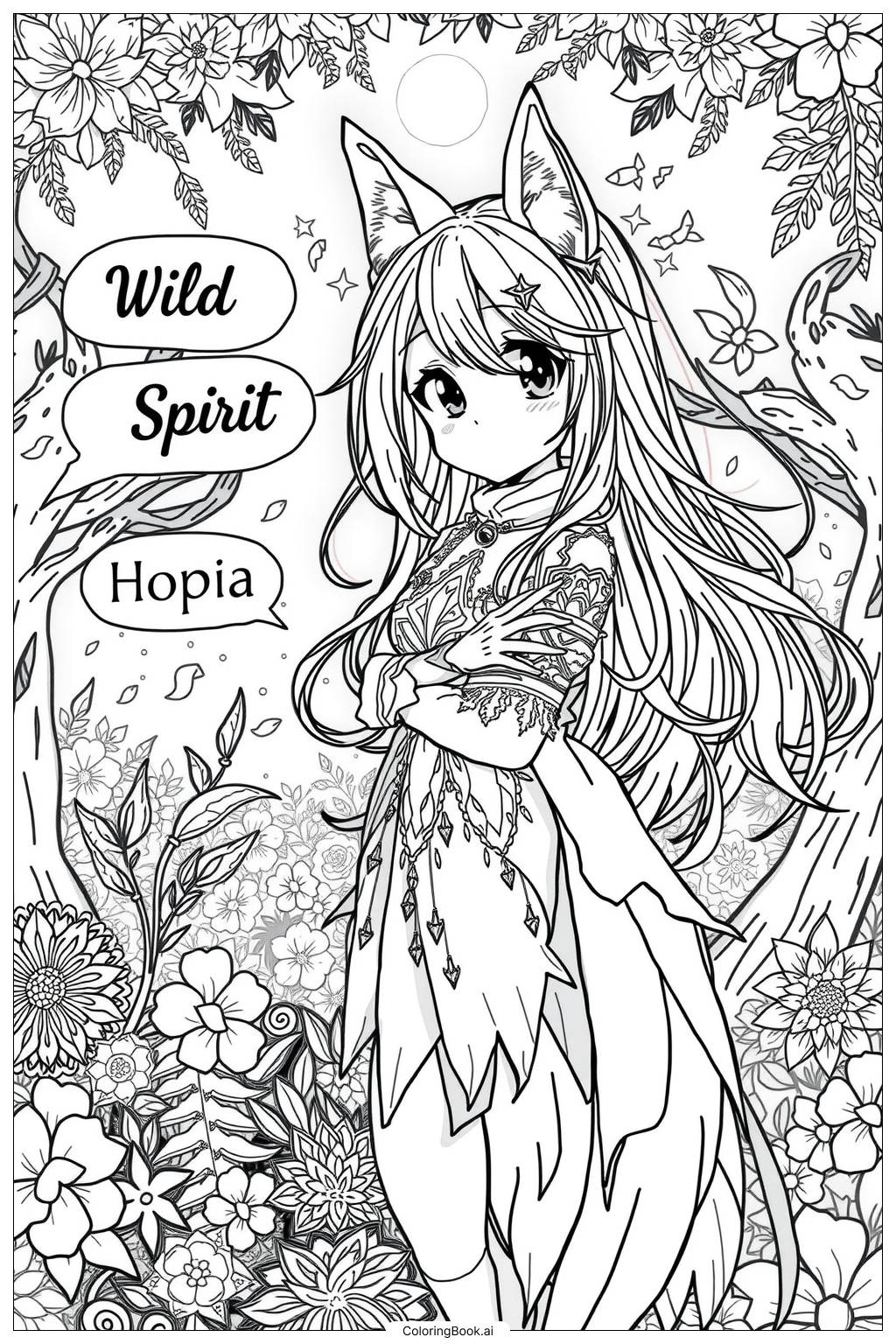 Wolf Anime Girl Coloring Page Free PDF PNG Printable 