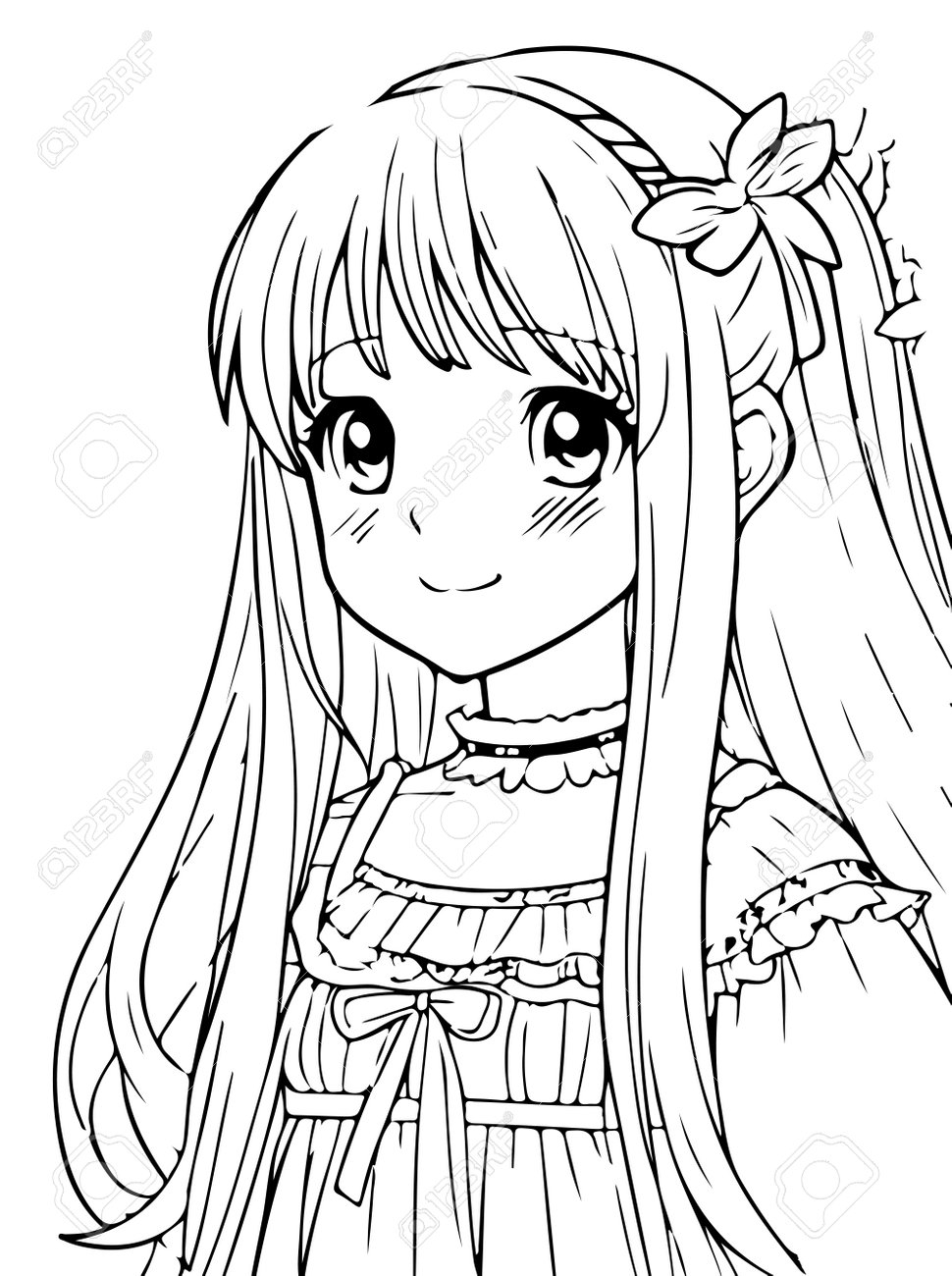 Young Girl A Flower In Long Hair And A Ruffled Dress Vector Coloring Page With Cute Cartoon Anime Girl Line Art Royalty Free SVG Cliparts Vectors And Stock Illustration Image 201059940 